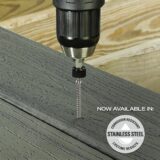 A close-up image shows a screw being drilled into a decking board.
